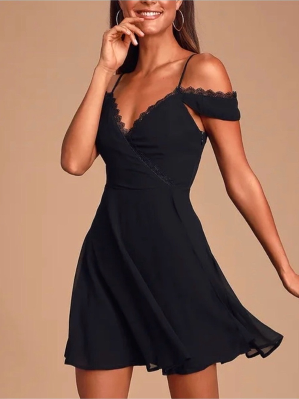 Lulus Off-Shoulder Black V-Neck Mini Dress Size S